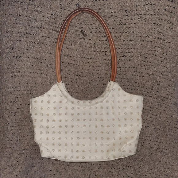 KENZIA-Looping Shoulder Bag-Beige Coated  Canvas/Brown Leather-Excellent - Picture 3 of 9